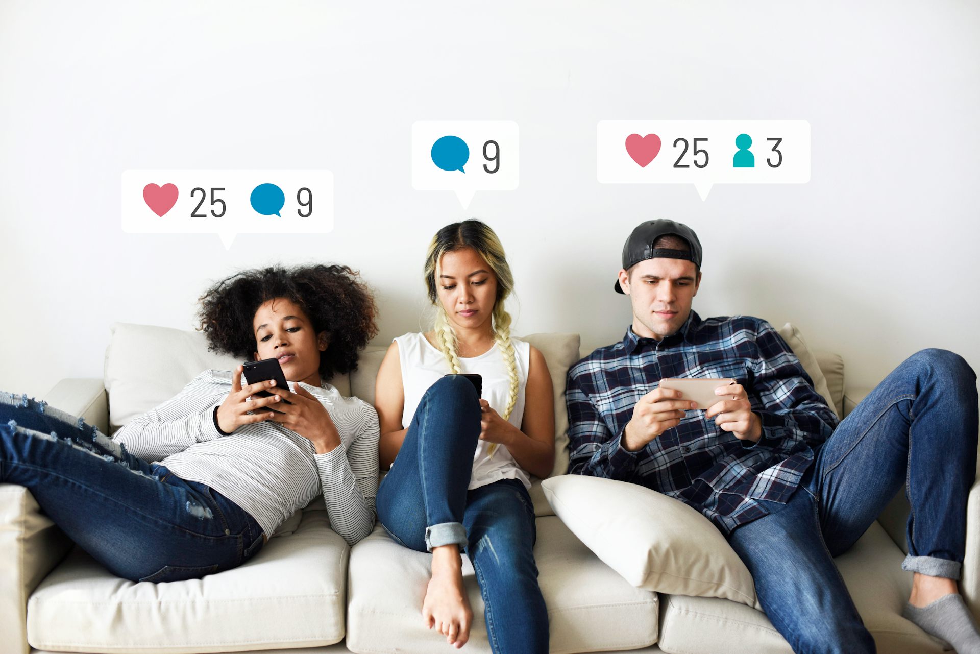 Three young people sitting on a sofa using phones with social media notification graphics over their heads
