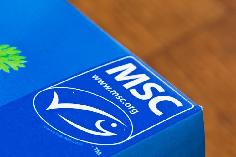 A blue box depicting the Marine Stewardship Council's Blue Tick ecolabel.