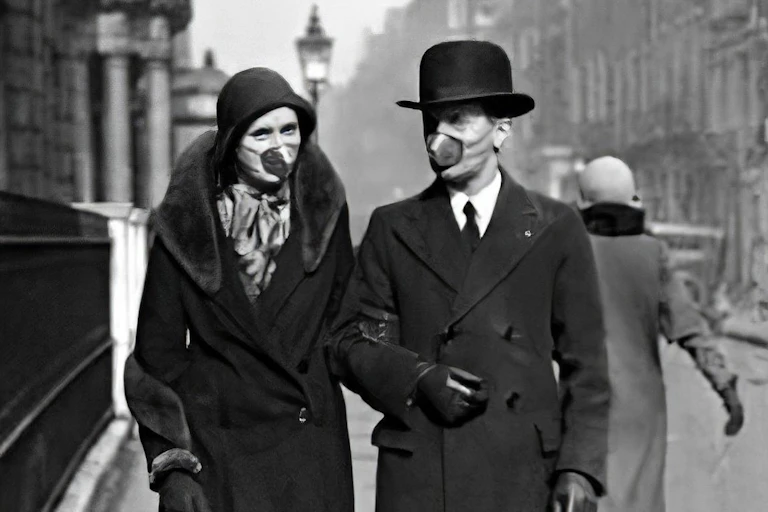 A couple walk down a street in 1918 wearing masks.