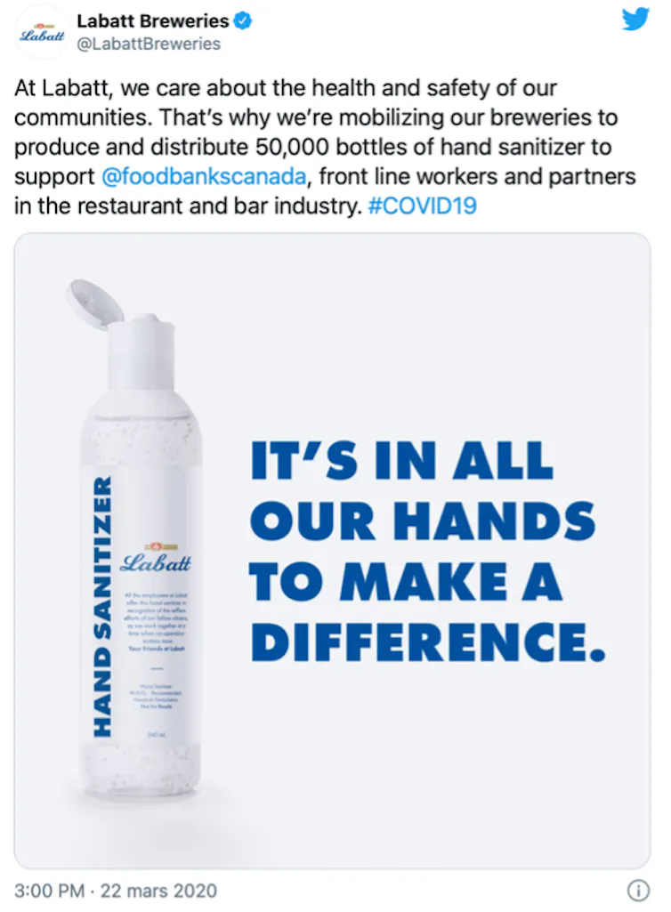 Tweet de Labatt présentant un produit désinfectant pour les mains