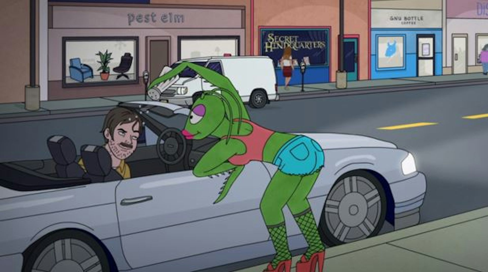 A cartoon praying mantis leaning into a car window