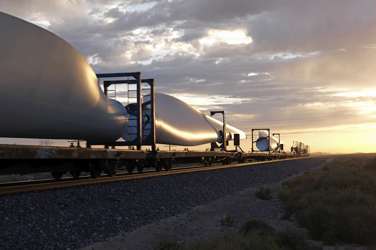 wind turbine blades on train
