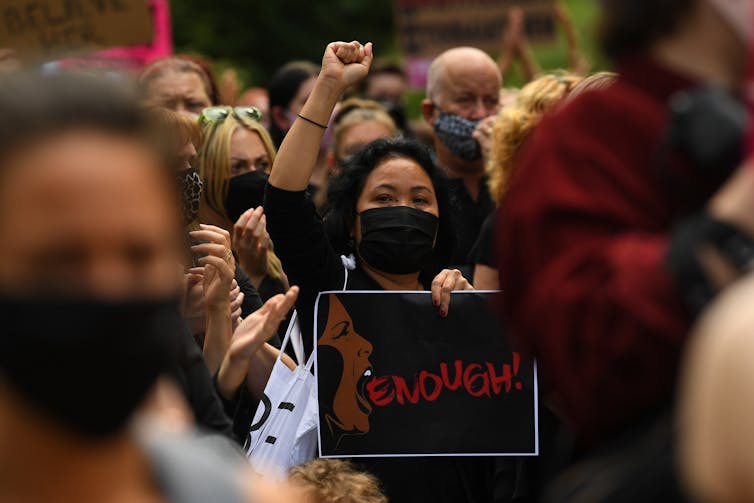 Des manifestants à la récente Justice du 4 mars à Melbourne.