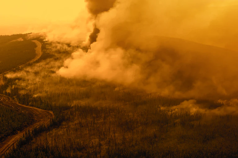 Smoke billows from burnt hill