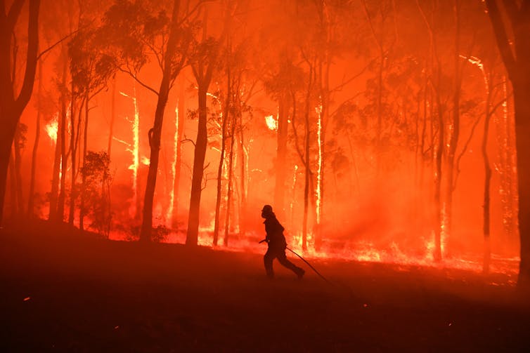 A firefighter runs through a burning forest