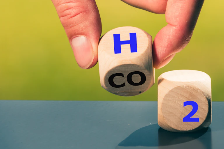 hand holds die with letters H CO and 2 visible