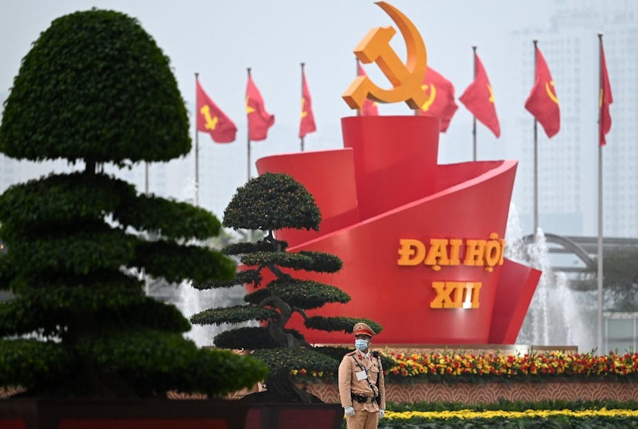 A guard outside the National Convention Center in Hanoi, January 26, 2021. 