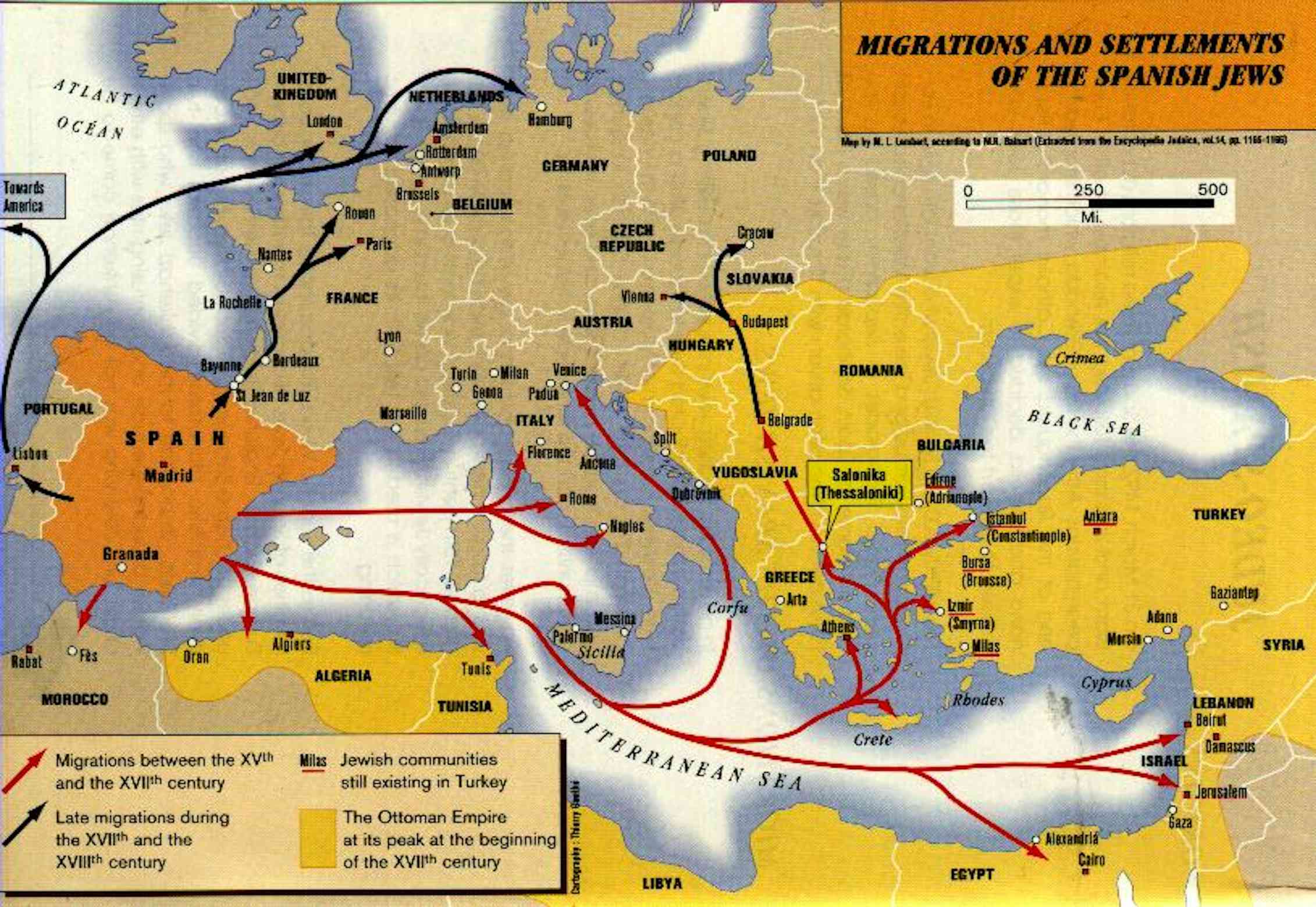 Migraciones y asentamientos de las comunidades judías españolas. En rojo durante los siglos XV y XVI, y en negro durante los siglos XVII y XVIII. "Yiddish and Judeo-Spanish, a European Heritage" por Prof. Haïm-Vidal Sephiha, Université Paris Sorbonne Nouvelle.