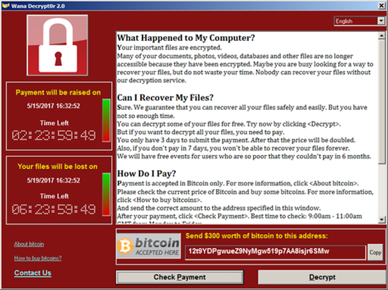 WannaCry索要赎金的截图。