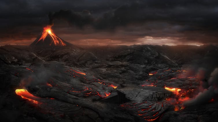 An artist's rendition of a post-volcanic eruption landscape
