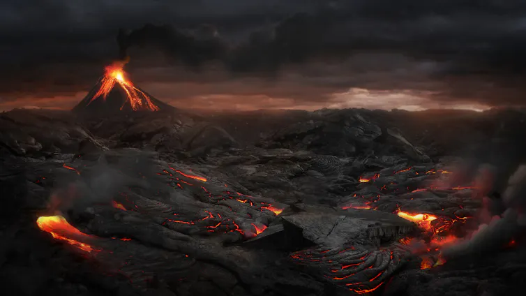 An artist's rendition of a post-volcanic eruption landscape