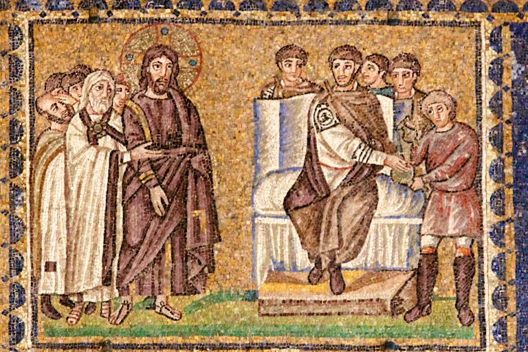 Mosaic showing Pilate washing his hands.
