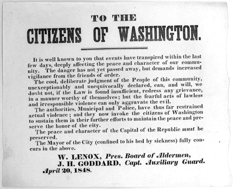 A poster, issued after the Pearl's capture, warning citizens of Washington, D.C., not to riot.