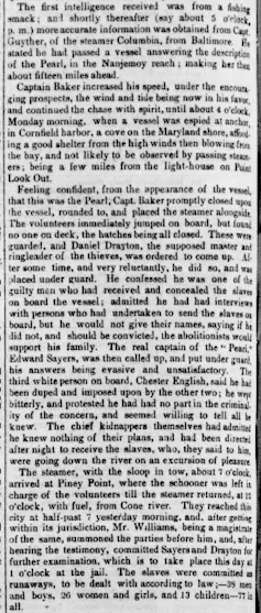 4 paragraphs from an 1848 newspaper account of the capture of the Pearl.