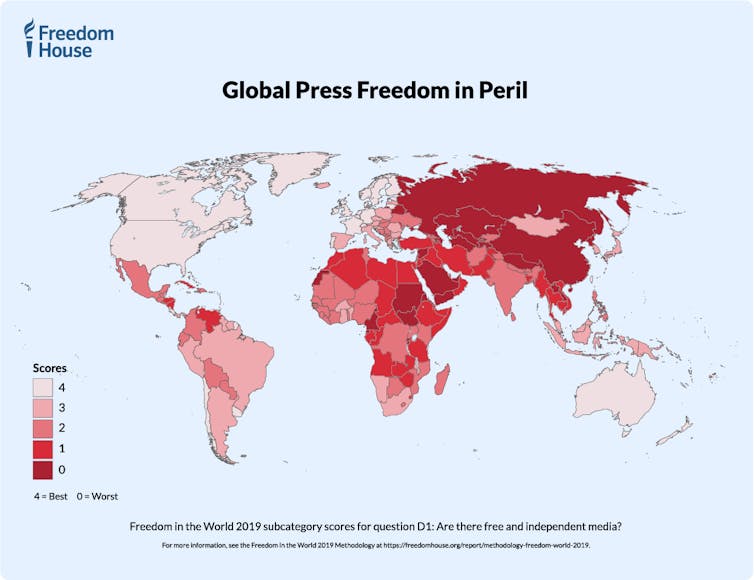 Map of press freedom around around the world, rated by Freedom House