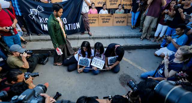 Myanmar activists protest the jailing of two Reuters journalists in in Yangon, Myanmar, September 16 2018.