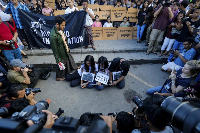 Myanmar activists protest the jailing of two Reuters journalists in in Yangon, Myanmar, September 16 2018.