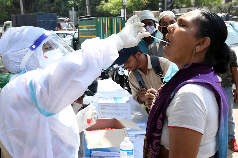 Woman being swabbed.