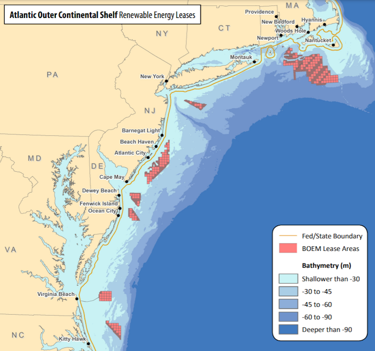 Map showing lease areas off U.S. Atlantic Coast, from Virginia to Massachusetts