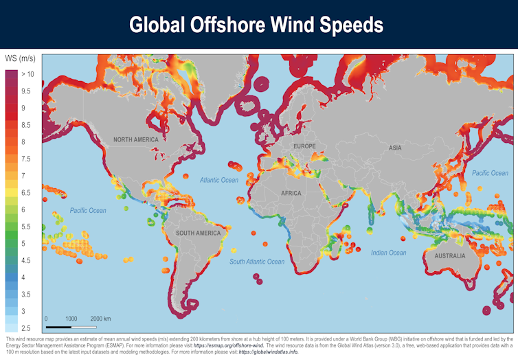 World map highlighting coastal areas by wind speed. The U.S. coasts stand out.