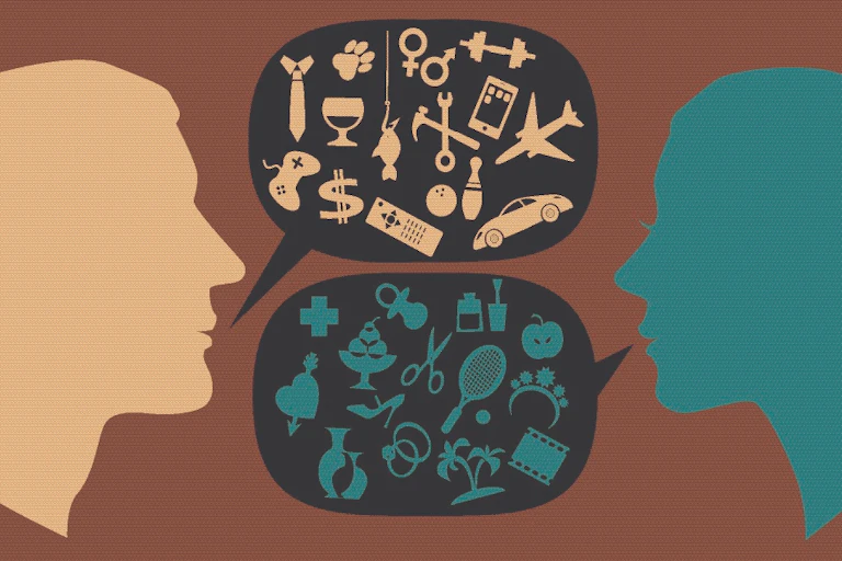 A male and female head with speech bubbles containing images of their stereotypical interests