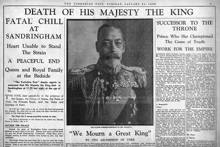 Cut-out of front page of The Yorkshire Post, announcing the death of King George V on January 21 1936.