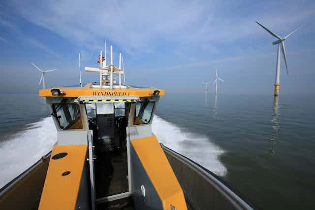 Yellow service boat heads toward offshore wind turbines.