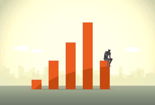 Illustration of rising GDP with the silhouette of a man sitting on the lowest rung, hand on fist
