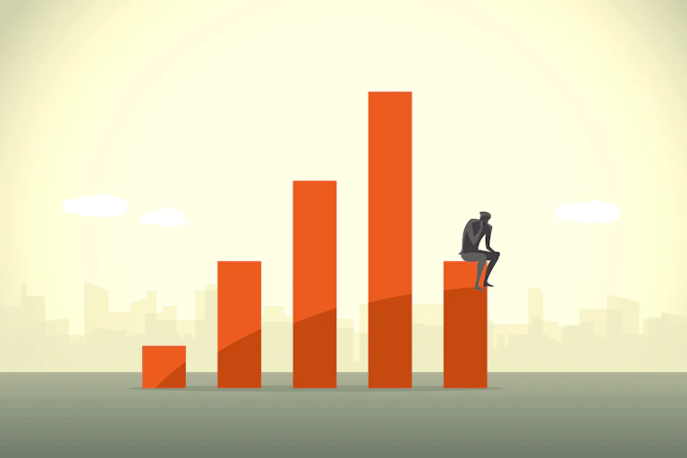 Illustration of rising GDP with the silhouette of a man sitting on the lowest rung, hand on fist
