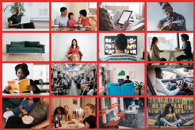 Collage of people sitting doing different activities