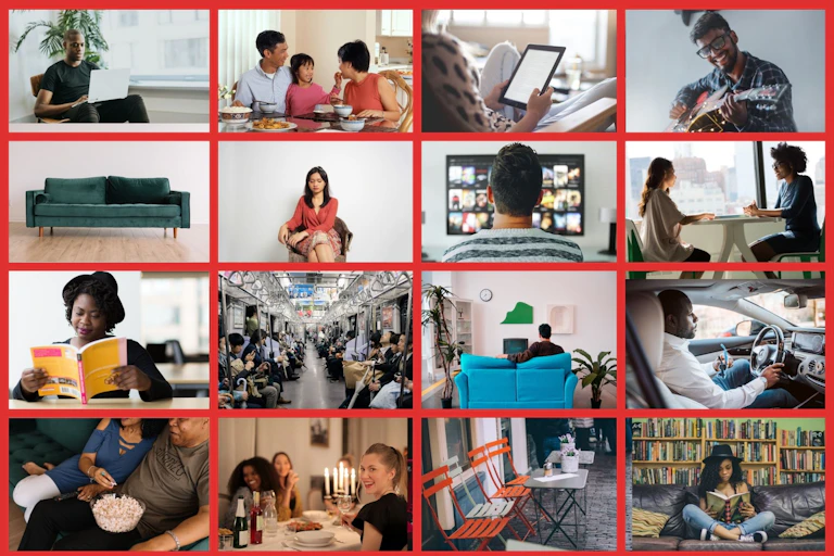 Collage of people sitting doing different activities