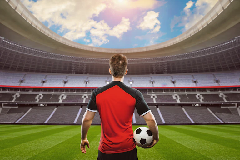 A football player holding a ball standing in front of an empty stadium.