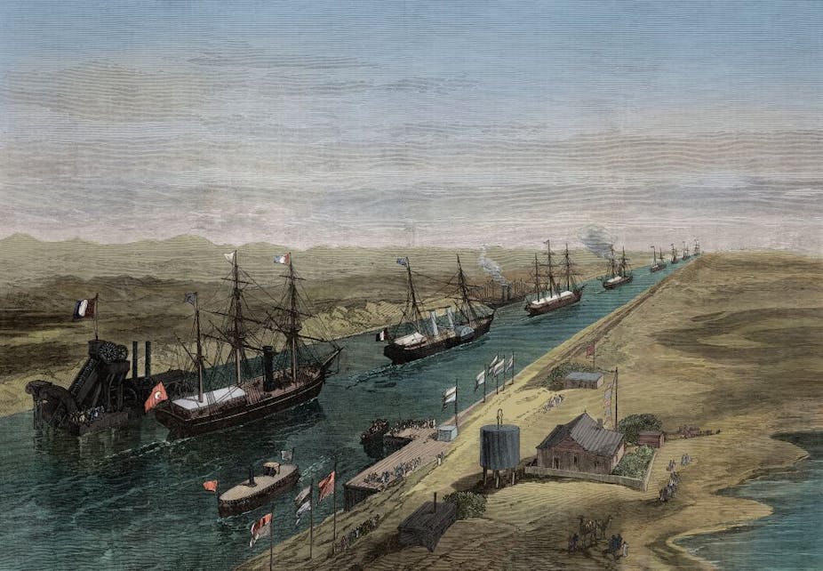 A procession of ships in the canal at the opening of the Suez Canal, Egypt