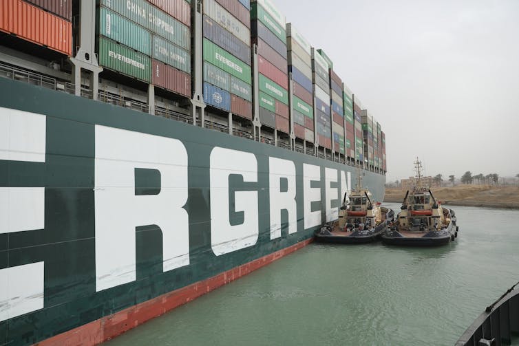A side-on picture of the Ever Given container ship in the Suez Canal