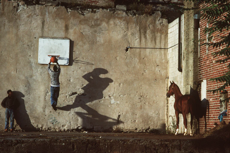 Two boys play basketball as a horse looks on.