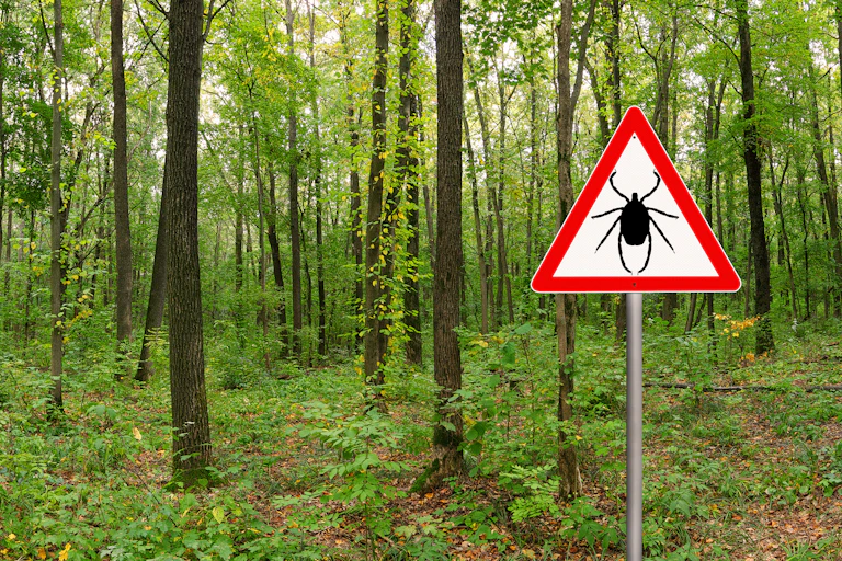 A forest with a sign in the foreground showing a tick in a caution triangle