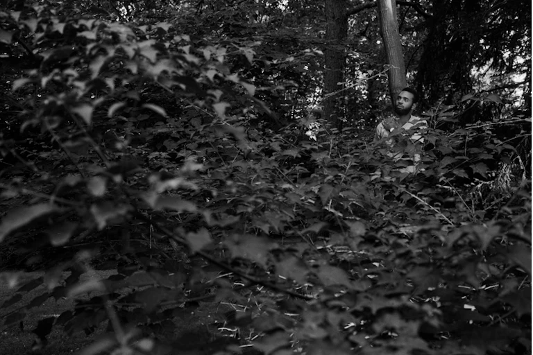 A man stands in the woods, enveloped by shrubs and foliage.