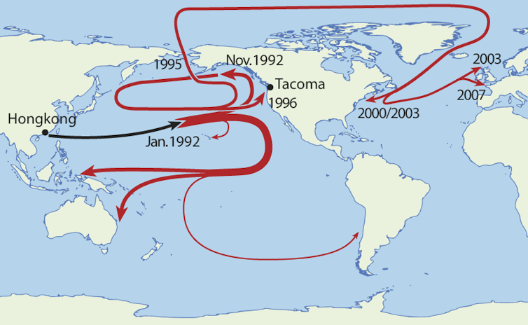 Map showing path taken by floating bath toys