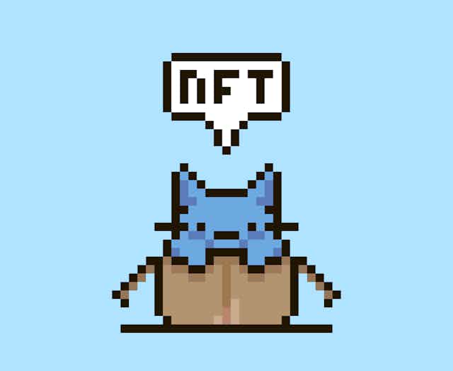A digitally rendered blue cat poking out of a box saying 'NFT'.