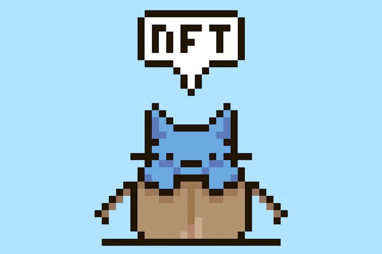 A digitally rendered blue cat poking out of a box saying 'NFT'.
