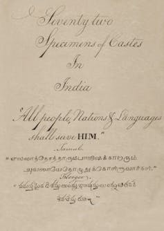 Title page of a manuscript volume entitled: ‘Seventy-Two Specimens of Caste in India’ (Madura, southern India: 1837).