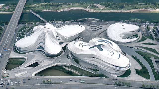 An aerial view of an arts and culture centre designed by Zaha Hadid Architects in 2019