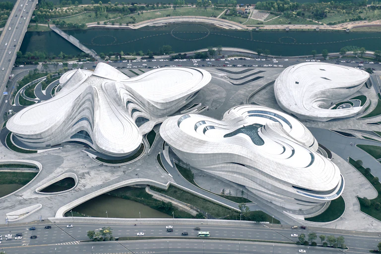 An aerial view of an arts and culture centre designed by Zaha Hadid Architects in 2019