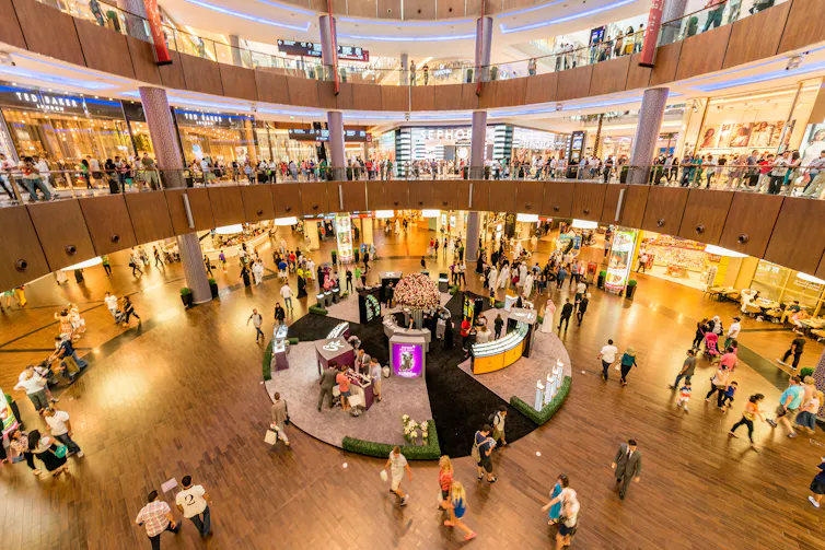 Panoramic photo of a modern shopping centre in Dubai, UAE.