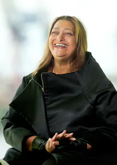 Close-up shot of Zaha Hadid laughing
