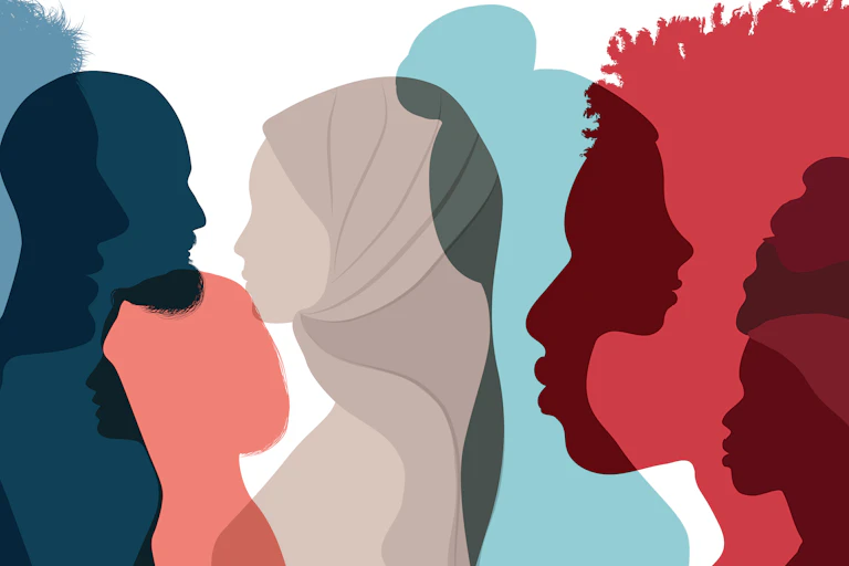 Multicoloured silhouettes of people from different ethnicities