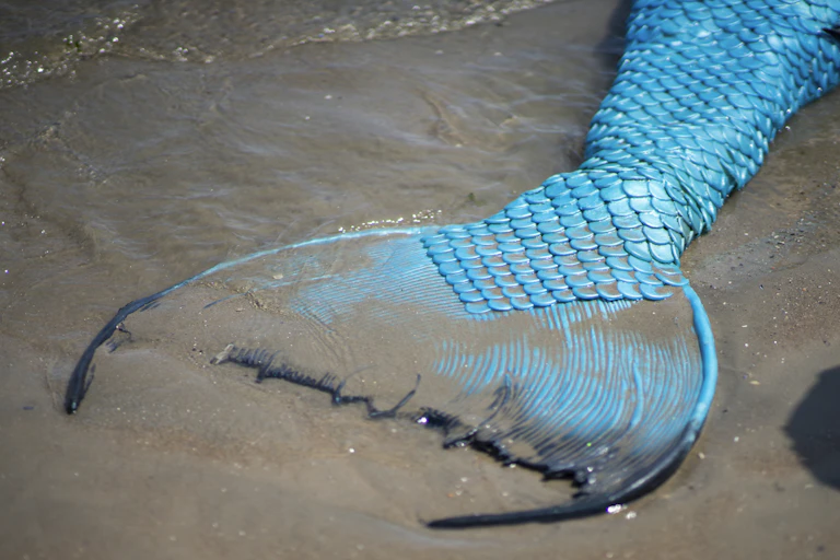 A close up shot of an artificial mermaid tale in the sand at the shoreline.