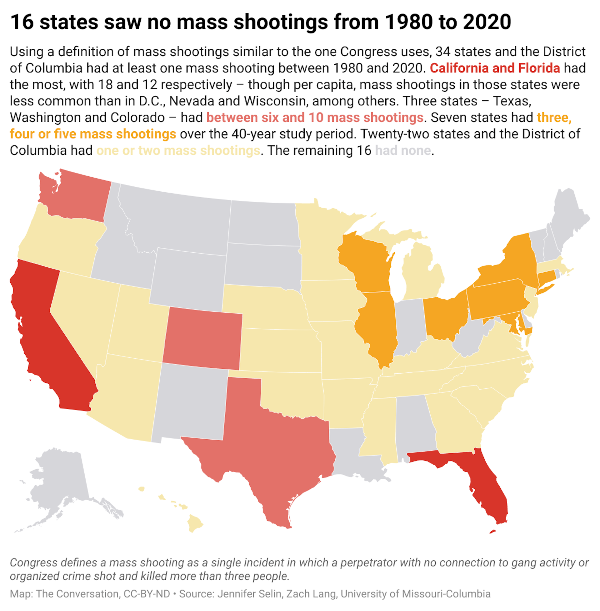 A map of the United States showing the amount of mass shootings that have occurred in each state from 1980-2020.