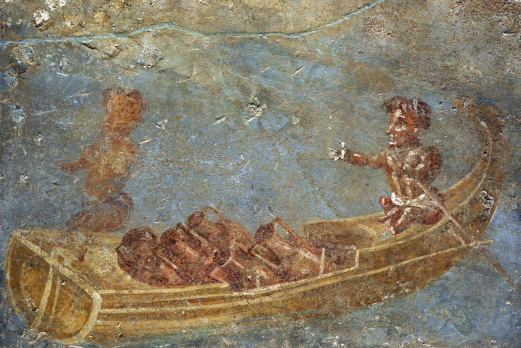 A Roman fresco depicts a Nilotic scene with pygmies in a boat loaded with amphorae.