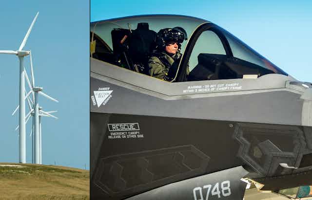 Images of wind turbines on a hill and a fighter pilot in an F-22A